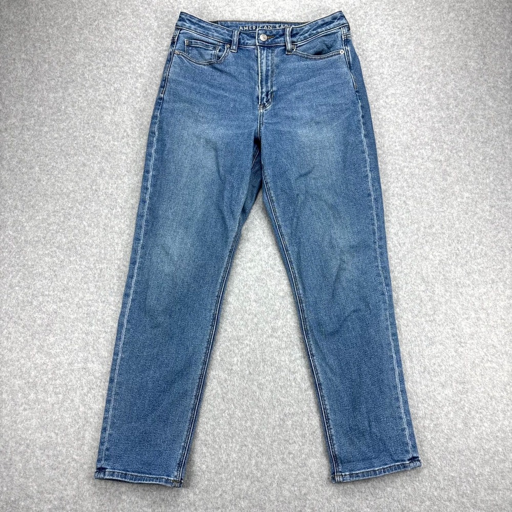 American Eagle Mom Jeans Women 8 Blue Stretch Tapered Relaxed Denim High Rise
